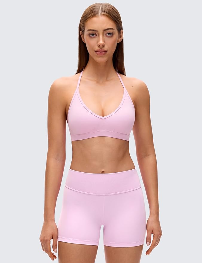 CRZ YOGA Butterluxe Soft Double Lined T-Back Sports Bras for Women - V Neck Adjustable Strap Yoga Crop Top Casual Non Padded