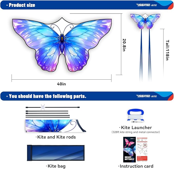 SGftre Butterfly Kite for Boys and Girls Easy Flight Hand Kites Perfect Outdoor Toy for Kids and Adults, Great for Beach Fun and Outdoor Activities, Great Gift for Kids (Blue Dreamy Butterfly)