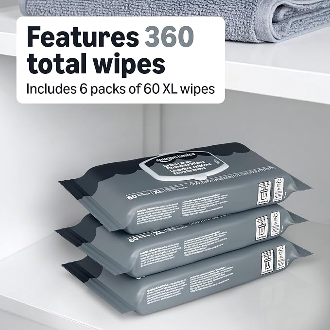 Amazon Basics Extra Large Flushable Wipes, 360 Wipes (6 Packs of 60), Adult Wet Wipes and Resealable Closure, Packaging May Vary