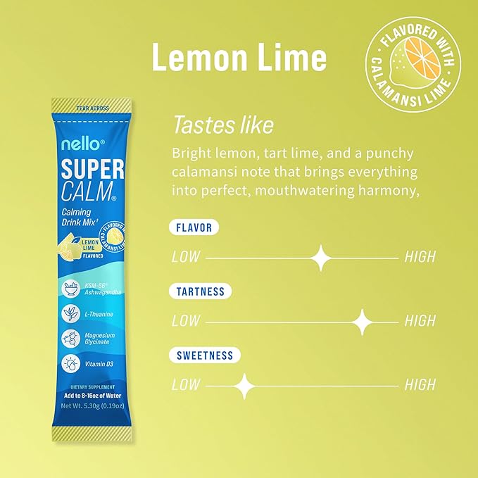 Nello Supercalm Powdered Drink Mix, Cortisol Reducer* and Sleep Aid Supplement, L Theanine, Ksm-66 Ashwagandha, Magnesium Glycinate, Vitamin D 3, No Sugar, Non GMO, On The Go, 20 Ct, Lemon Lime