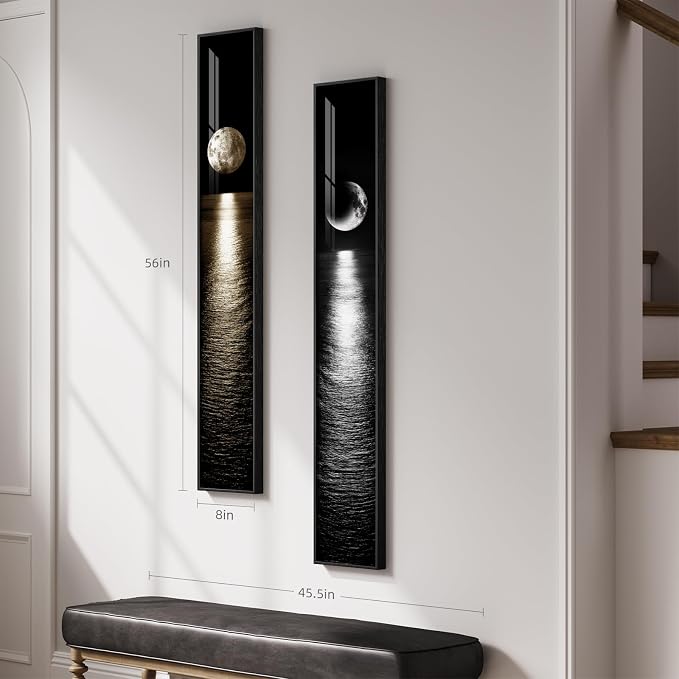 Framed Vertical Moon Wall Art Set of 2, Modern Black White Gold Landscape Canvas Prints Artwork for Walls, Long Narrow Night Sea Pictures for Living Room Bedroom Dining Room Entryway Hallway Wall Decor