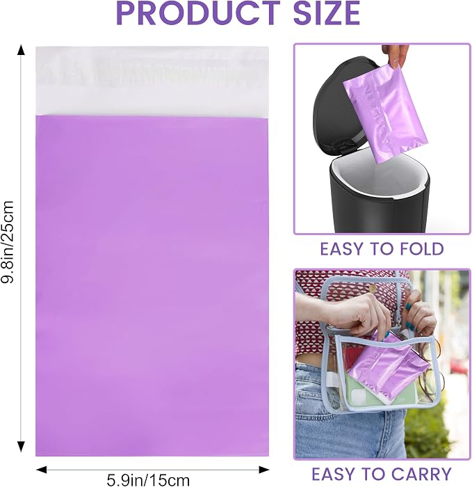 Disposable Sanitary Bags, 300 Pcs, Purple, Self-sealing, Odor-proof, Rectangular, Plastic, 10" x 6" Bags for Feminine Hygiene, Personal Waste, or Pet Waste