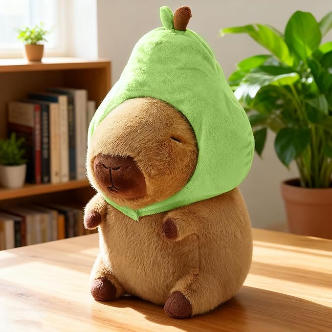 Capybara Plush, Cute Capybara Plush Toy Wear Removable Avocado Hat, Kawaii Soft Capybara Plushie Pillow, 14 inch Capybara Stuffed Animal Hugging Plushy Gifts for Kids Adults (Medium)
