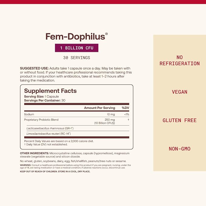 Jarrow Formulas Fem-Dophilus Vaginal Probiotics 1 Billion CFU With 2 Science-Backed Strains, Dietary Supplement For Vaginal & Urinary Tract Support, 60 Capsules, 60 Day Supply, Shelf-Stable Probiotics