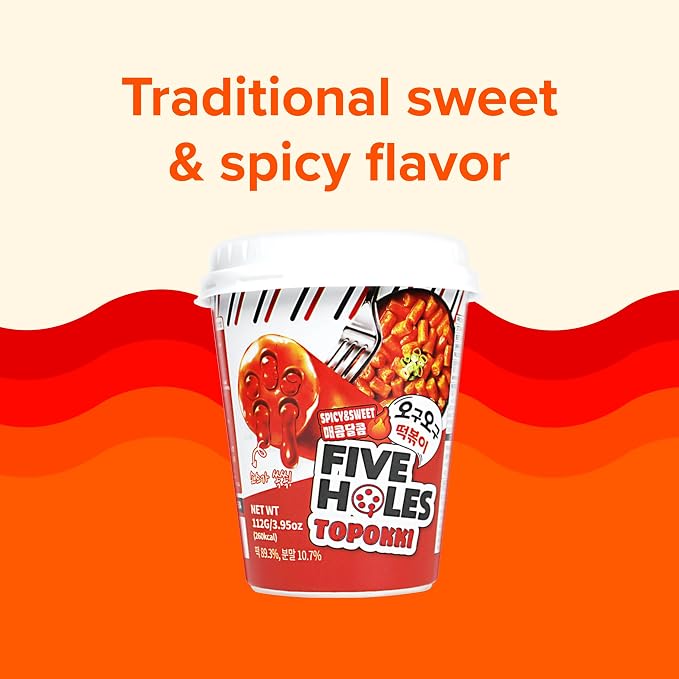 Five Holes Topokki Sweet & Spicy Flavor, Instant Korean Rice Cakes, 3.95oz (Pack of 2)