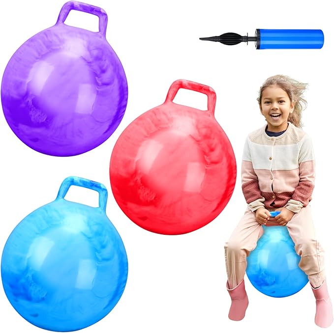 Poen 3 Pcs 18 Inch Hopper Inflatable Bouncy Ball with Handle Hippity Hop PVC Jumping Hopping Ball with 1 Air Pump for Kids Toddler Boys Girls Gifts Games(Red Blue Purple)