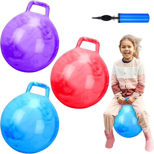 Poen 3 Pcs 18 Inch Hopper Inflatable Bouncy Ball with Handle Hippity Hop PVC Jumping Hopping Ball with 1 Air Pump for Kids Toddler Boys Girls Gifts Games(Red Blue Purple)