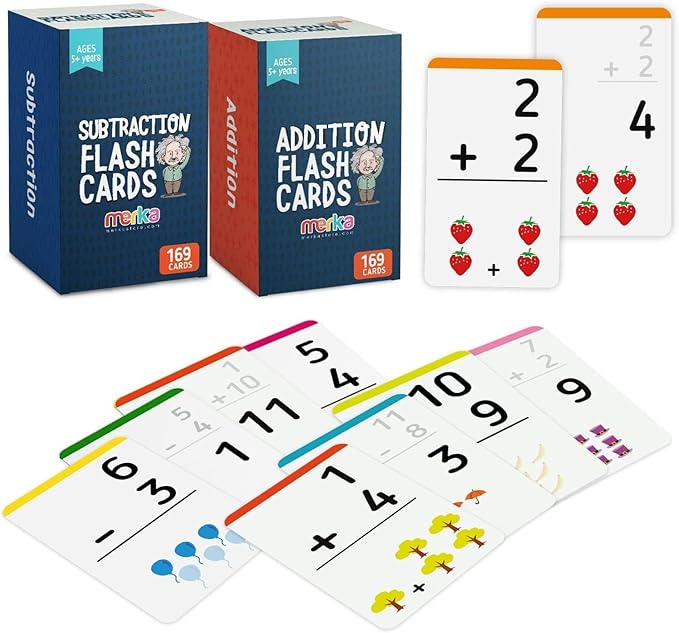 Merka Addition & Subtraction Math Flash Card Set - (2 Sets, 169 Cards Each) - Classroom & Homeschool Supplies for Grades 1-4 (Multicolor)