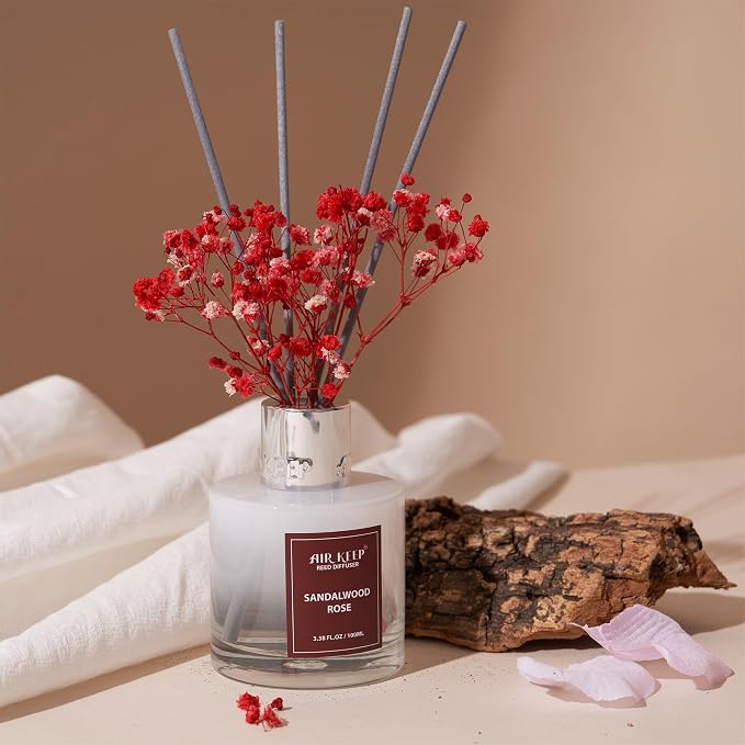 Airkeep Reed Diffuser Set,3.38 fl oz (100 ml) - Sandalwood Rose Oil Diffusers with 8 Reed Sticks,Home Fragrance Reed Diffuser for Bathroom Shelf Decor