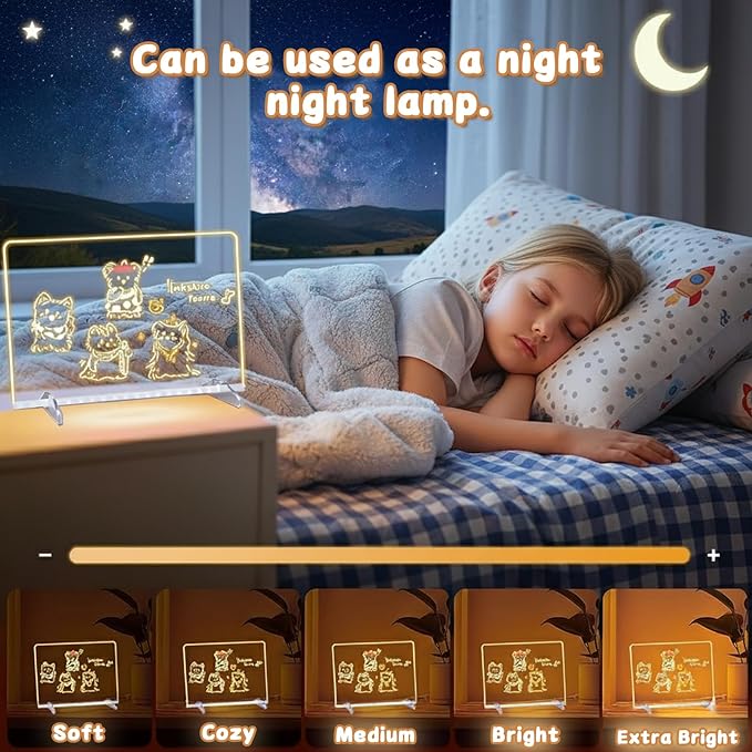 2026 LED Drawing Board for Kids Ages 6+, 2 Pack 13.7"x9.75" Plug-in Light Up Dry Erase Note Boards with Colors, 7 Color Modes Acrylic Glow Board with Stands, Markers, Spray Bottle, Hanging Chains