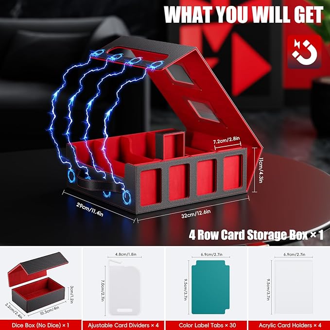 Trading Card Storage Box – 3500+ Magnetic MTG Deck Box with Handle,Commander & Toploader Display, Dice Box,4 Dividers & 30 Color Labels – Fits for TCG,MTG,Yu-Gi-Oh and Sport cards(Black/Red)