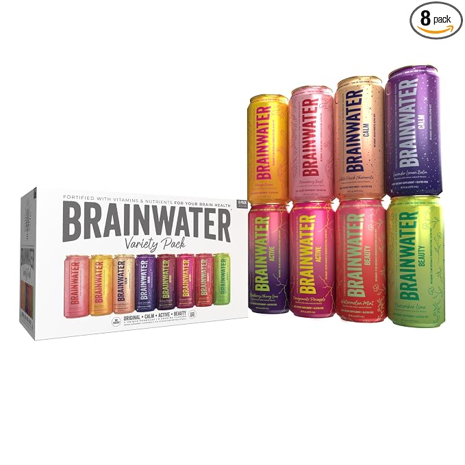 BrainJuice BrainWater Calm, Water for Clean Energy, Focus & Relaxation Support, Gluten Free, Zero Sugar Drinks with Ashwagandha, Alpha GPC, Vitamin C & B, Organic Green Tea, 8 Pack (Variety Pack)