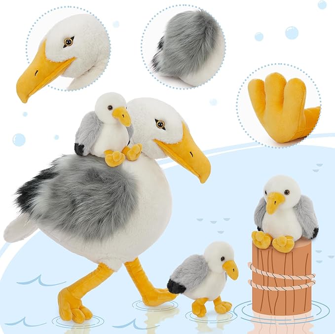 MaoGoLan 4Pcs Big Seagull Stuffed Animal with Babies Inside,17.7" Mama Seagull Plush with Three Adorable Baby Seagull Plushies for Small Hand,Beach Plush Lover Gift for Kids,Boys,Girls