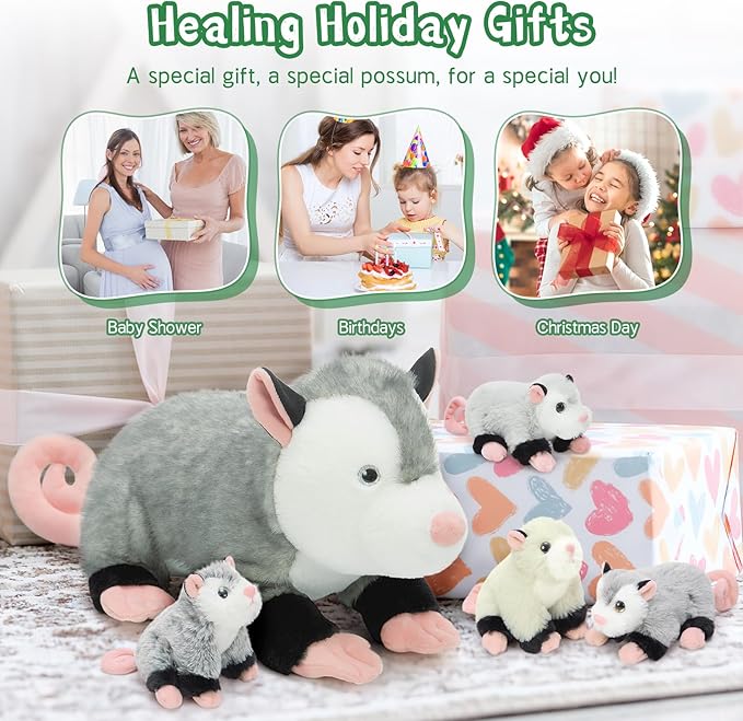 Tezituor 5Pcs Opossum Stuffed Animals Set, 24 Inch Large Mommy Stuffed Opossum Plush with 4 Cute Babies Toy, Realistic Possum Plush Pillow for Girls Boys