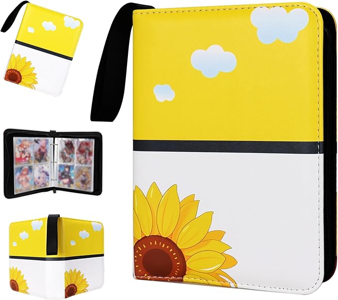 Collectible Trading Card Albums,4 Pocket Card Binder, 400 Double Sided Pocket PU Premium Zip Trading Collection Binderwith 50 Removable Sleeves, Card Folder forTCG, Sports Cards (Yellow & white)