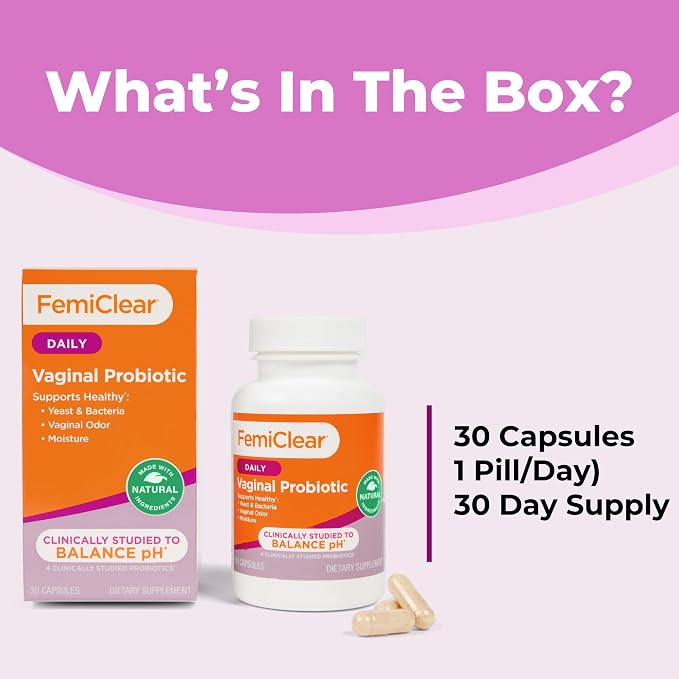 FemiClear Vaginal Probiotics, Delayed-Release Supplement, 30-Day Supply | Daily Women's Probiotic Supplements, Supports Vaginal pH Balance, Healthy Yeast & Moisture, Natural & Organic Ingredients
