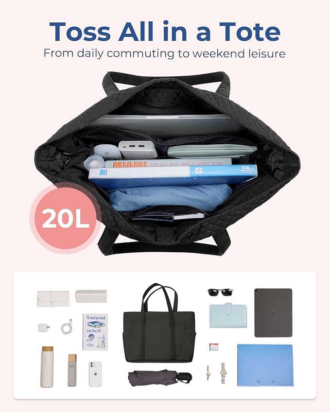 BAGSMART Crush Tote Bag for Women, 20L Puffer Work Tote with Zipper, Travel Essentials Quilted Nurse Hospital Bag