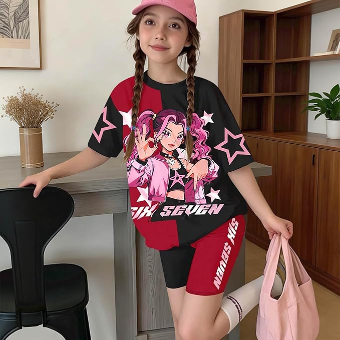 K-POP DEM0N Hunters Outfits for Girls, 2 Piece T-Shirts and Apparel Sets Birthday Gift