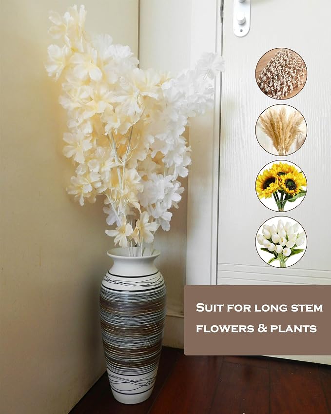 12.6" Tall Vintage Ceramic Rustic Farmhouse Vase (Half Stripe Brown) | Large Boho Textured Flower Vases for Home Decor, Living Room, Table, Mantel, Shelf
