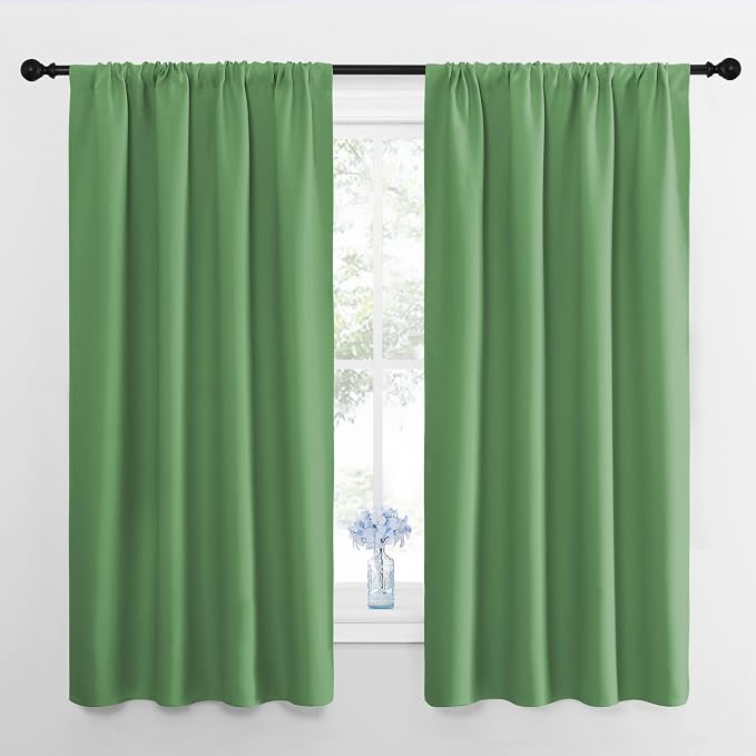 NICETOWN Bedroom Curtains Blackout Draperies, Froest Green, 1 Pair, 34-inch W x 63-inch L, Home Decorations Thermal Insulated Solid Pole Top Blackout Drapes for Living Room