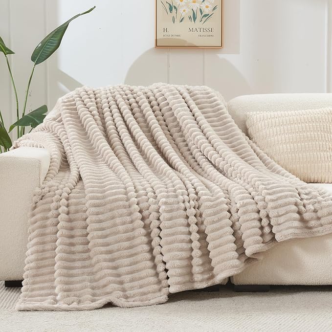 NEWCOSPLAY Super Soft Twin Blanket Linen Premium Silky Flannel Fleece 3D Ribbed Jacquard Lightweight Bed Blanket All Season Use (Linen Ribbed, Twin(60"x80"))
