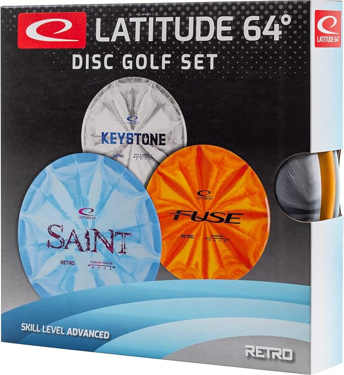 Latitude 64 Retro Burst Disc Golf Starter Set (3-Pack) - Includes Keystone, Fuse, Saint | Grippy Base Plastic | Perfect Beginner Disc Golf Set | Contains Putter, Midrange & Driver | Colors Will Vary