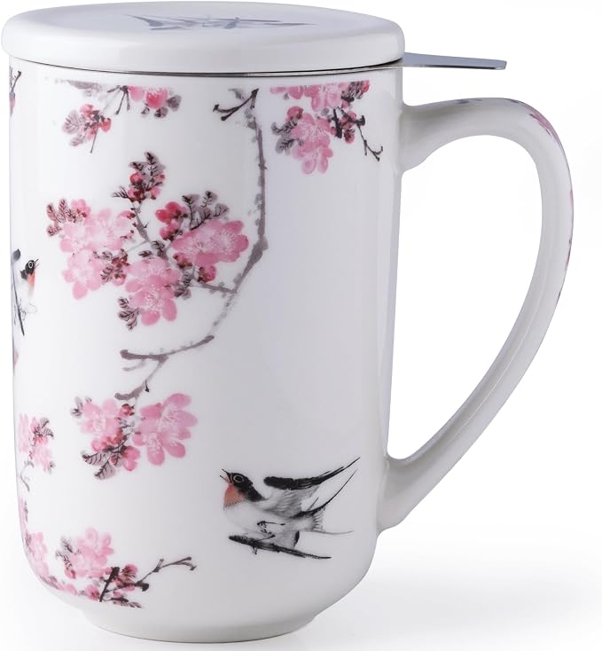 AmorArc Porcelain Tea Mug with Infuser and Lids, 18 Oz Coffee Cup Strainer with Bag Holder for Loose Leaf Tea, Steeping Coffee Mug for House-warming Wedding Birthday Gift