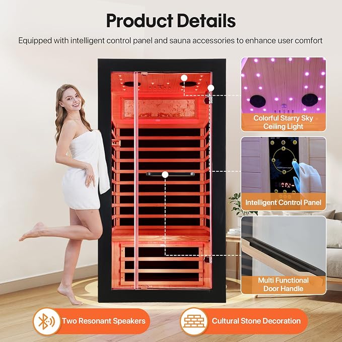 OUTEXER One Person Sauna Far Infrared Saunas Room Obeche Wood 1350W Dry Saunas Spa with 7 Starry Sky Light 35.4 * 35.4 * 70.8inch