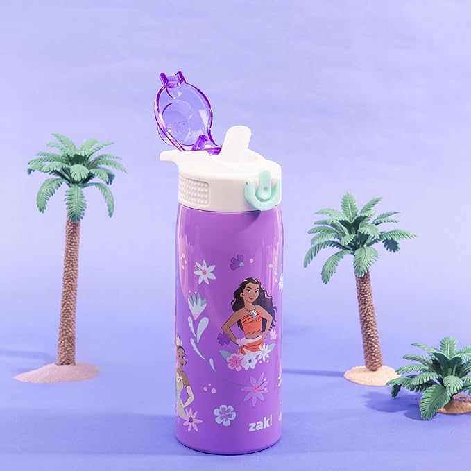Zak Designs Disney Princess Sage Kids Water Bottle For School or Travel, 19oz Stainless Steel Water Bottle With Straw, Handle, and Leak-Proof, Pop-Up Spout Cover (Ariel, Moana, Rapunzel, Tiana)