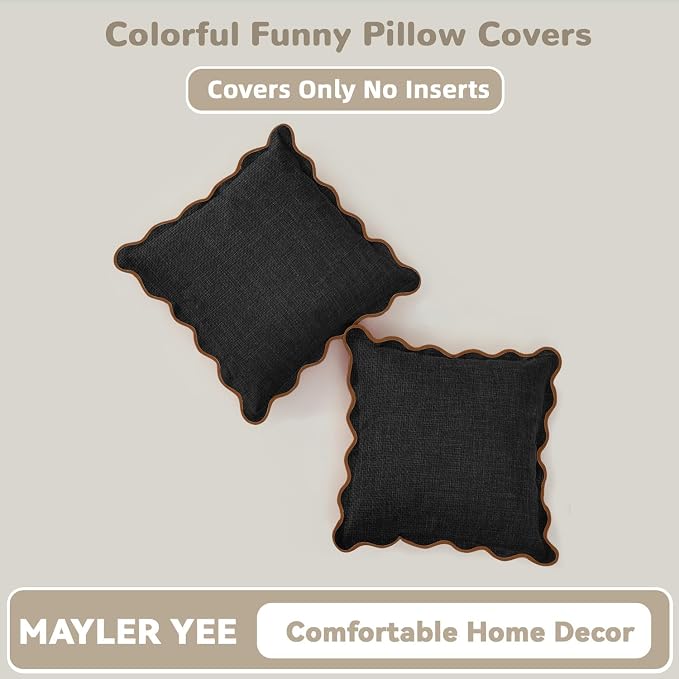 Scalloped Pillow Covers Set of 2 for Living Room | Decorative Sofa Couch Pillows | Boho Sytle Decorative Home | Aesthetic Funky Preppy Pillow Cases (Black & Brown, 20x20 Inch)