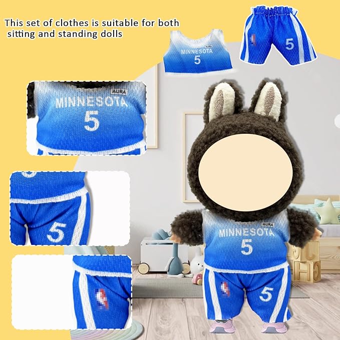 Doll Clothes for Labubu,Cute Outfit for 17cm Doll Clothe 2/3PCS Clothes and Hats Stylish Dolls Clothe for 17 cm Labubu,Casual Style Costumes for Labubu Dolls (Jersey Set)