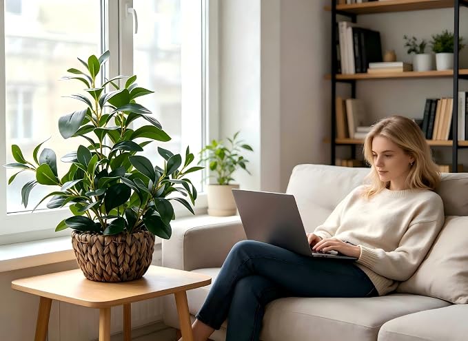 AlphaAcc Fake Indoor Ficus Plant in Rattan Basket Planter Home Office Decor | Realistic 18.8“ faux ficus plant in woven rattan basket with pebbles ideal home living room office table desk shelf decor