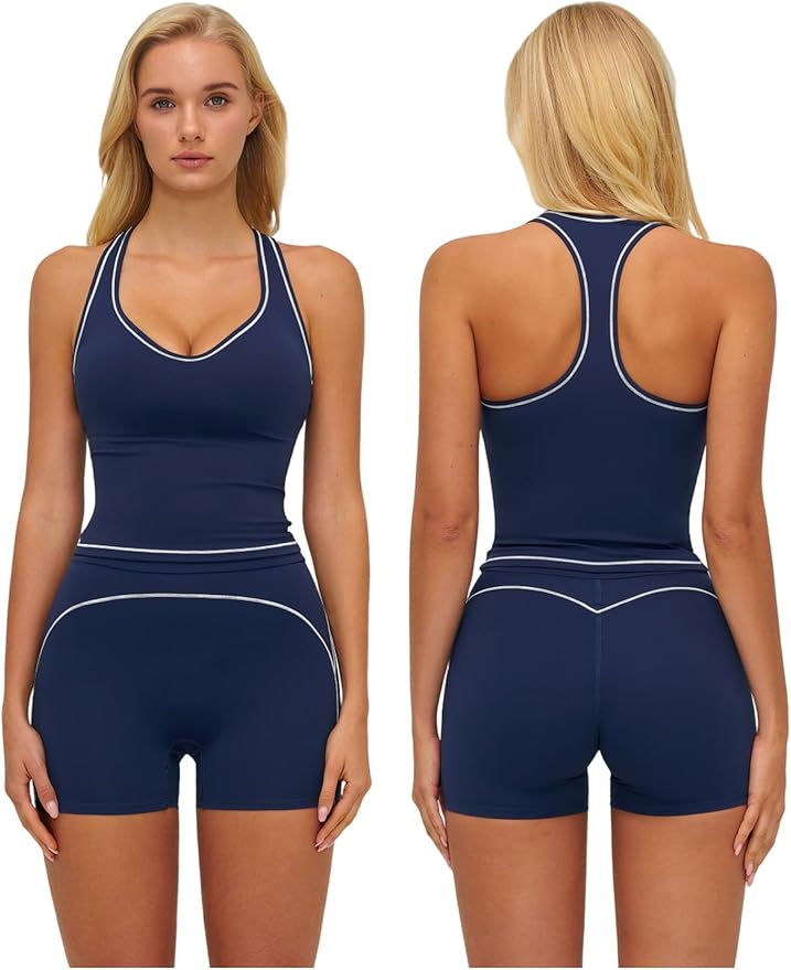 QBGJTD Two Piece Workout Sets for Women Color Block Racerback Tank Tops and High Waist Shorts Gym Yoga Outfits