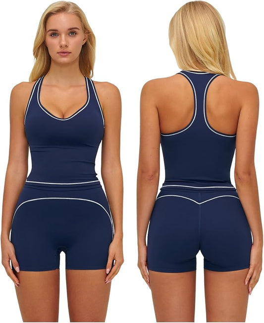 QBGJTD Two Piece Workout Sets for Women Color Block Racerback Tank Tops and High Waist Shorts Gym Yoga Outfits