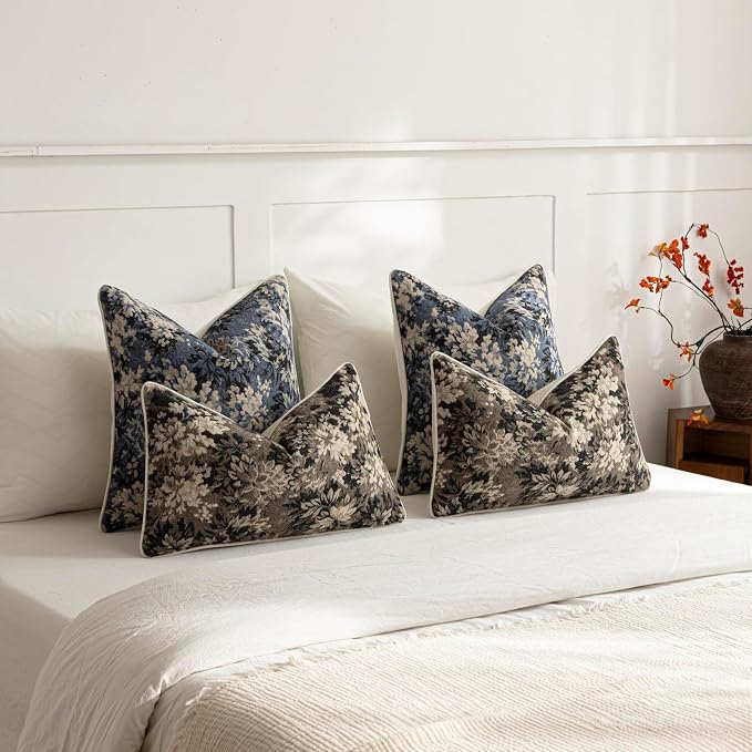 Pack of 2 Vintage Floral Pillow Covers 12x20 Boho Farmhouse Accents Chenille Rectangular Lumbar Decorative Throw Pillow Cases for Living Room Couch Bed Home Decor, Taupe