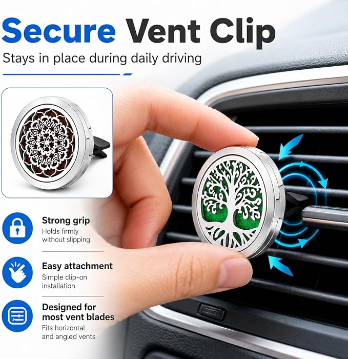 4 Pack Car Vent Essential Oil Diffuser Clips, Silver Tree of Life Air Freshener Vent Clips with 40 Colorful Felt Pads, Reusable Metal Car Aroma Diffuser for Essential Oils, Perfume