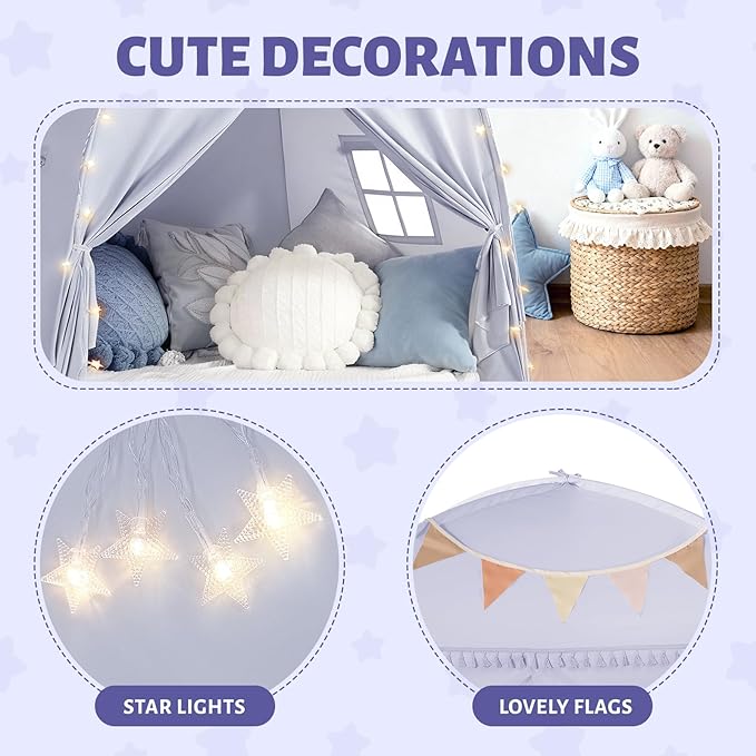 Sumbababy Large Teepee Tent for Kids: with Star Lights - Tent Indoor Kids Teepee Tent for Boys & Girls - Kids Play Tent Inside Canopy Bed for Playroom Gift Toys (Gray)