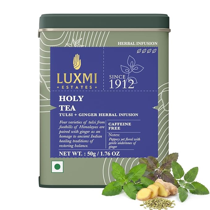 Luxmi Estates Holy Basil Tulsi Ginger Tea for Immunity | Loose Leaf 25 Cups (50g/1.76oz) | Caffeine Free | Non-GMO
