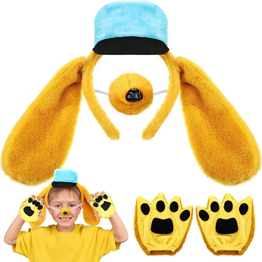 3 Pcs Dog Ear Headband Nose Paw Gloves Yellow Puppy Dog Costume Set Animal Police Cartoon Costume Set For Kids Boys Girls