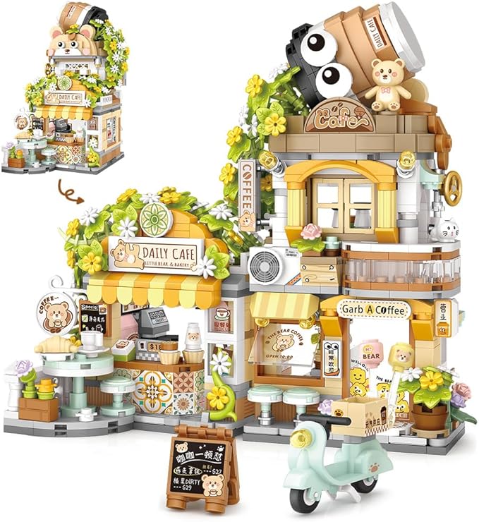 City Cafe Building Blocks Toys, Openable Coffee Shop Building Set for Boys Girls Age 8+,1077pcs Mini Bricks (Green)