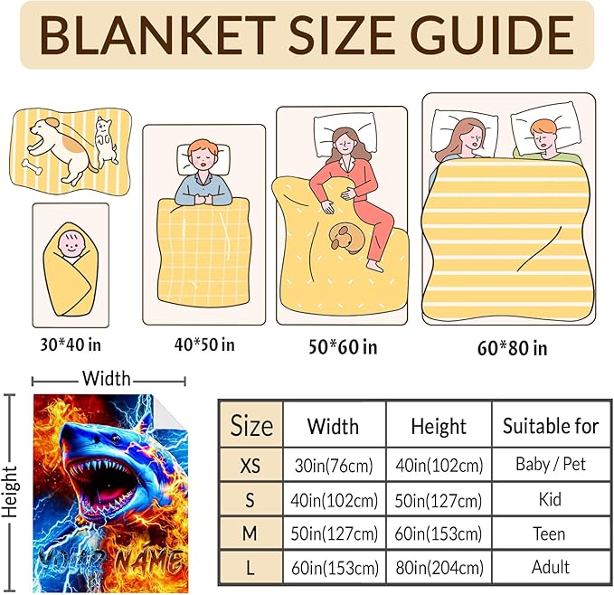 Boys Personalized Blanket for Kids Shark Lovers Cool Throw Blankets Gift, 50x60 Inches Cozy Soft Custom Decor Throw for Sofa Chair Bed Office