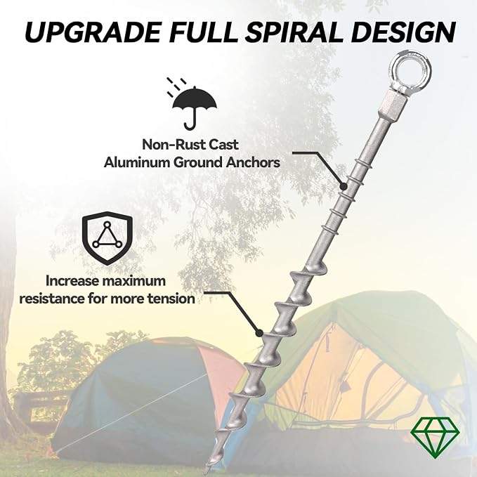 20 Pcs 12" Rustproof Aluminum Screw in Tent Stakes, Heavy Duty Ground Anchors with 8mm Adapter & Hooks, Durable Metal Stakes for Outdoor Camping, Tarp, Swing Sets, Lightweight & Strong Grip
