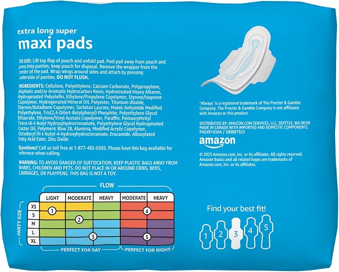 Amazon Basics Thick Maxi Pads with Flexi-Wings for Periods, Extra Long Length, Super Absorbency, Unscented, Size 3, 104 Count (4 Packs of 26)