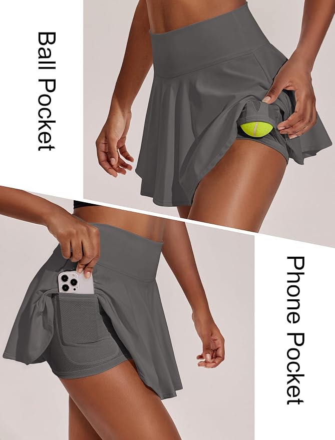 PINSPARK Womens Tennis Skirt 14" Pleated Athletic Golf Skorts with Pockets | High Waist, Tummy Control, Mini, Breathable, Lightweight, Soft, Built in Shorts, Pickleball, Casual