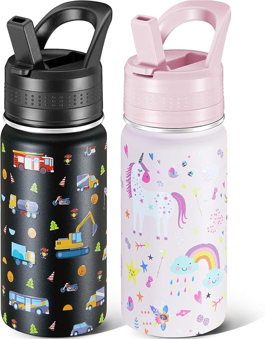 2 Pack Kids Water Bottle,14oz Stainless Steel Insulated Water Tumbler Leak-Proof,School Water Mug,Small and Portable,Suitable for Boys and Girls to Use(Black car + Pink unicorn)