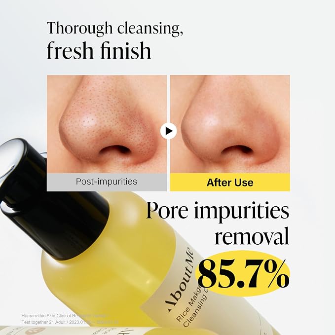 About Me Korean Rice Cleansing Oil with Makgeolli Ferments, 6.59 fl oz | Tested to Remove 99.4% of Sunscreen Residue, 10,000 ppm Rice Bran Oil, 4-Part Ferments, Milky Rinse, No Synthetic Fragrance