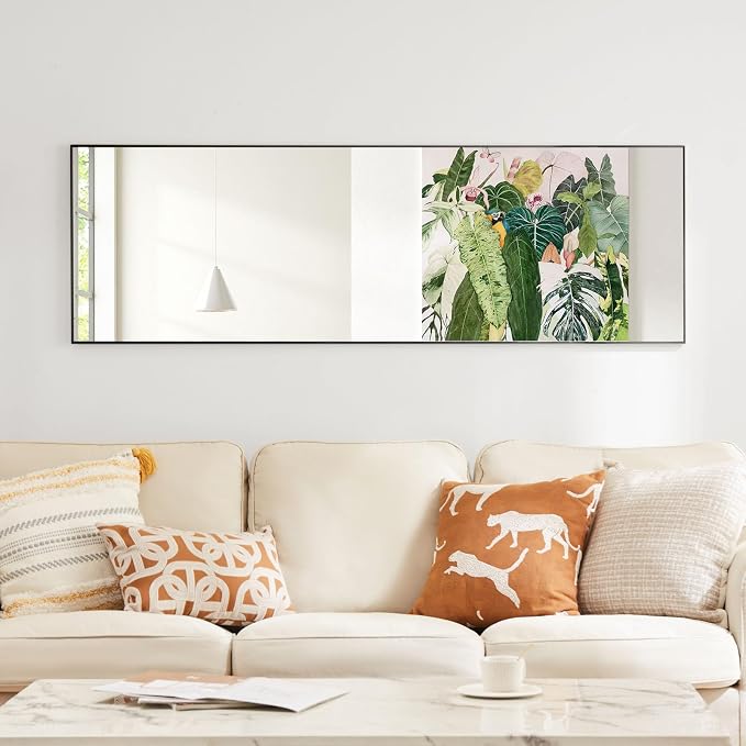 OLIXIS Full Length Floor Mirror with Stand, Body Mirror, 60x16 | Hanging or Leaning Wall, Aluminum Alloy Thin Frame, Living Room Bedroom, Long, Black