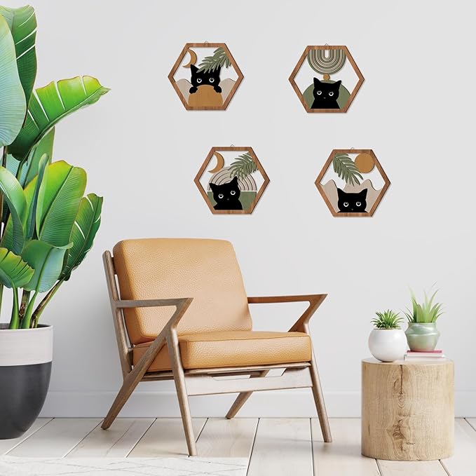 HPNIUB Boho Black Cat Wall Decor, Farmhouse Geometric Hanging Wooden Wall Art, 4 Pieces 11''x9.8'' Mid Century Bohemian Abstract Moon and Sun Wood Sign for Nursery Bedroom Decoration, Lovely Cat Gifts