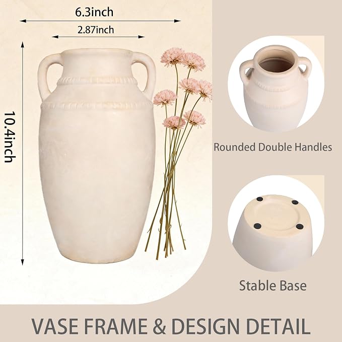 10inch Retro Beige Large Ceramic Vase with Handles, Flower Vase for Home Decor & Wedding Centerpiece, for Housewarming, Bridal Shower, Family Decorators