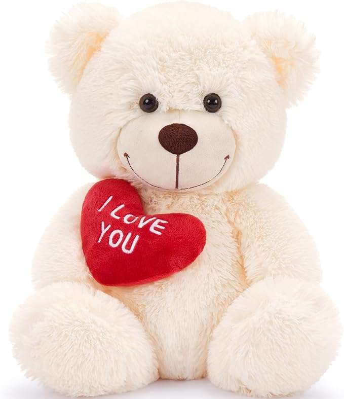 12" Teddy Bear with Heart, Cute Cream Teddy Bear Stuffed Animals for Valentines Soft Bear Plushie Toy Stuffed Bear Plush Gifts for Girlfriend Kid, Christmas